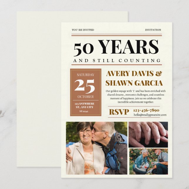 Invitation Marron Beige Simple Grille Journal 50e Anniversair (Devant / Derrière)