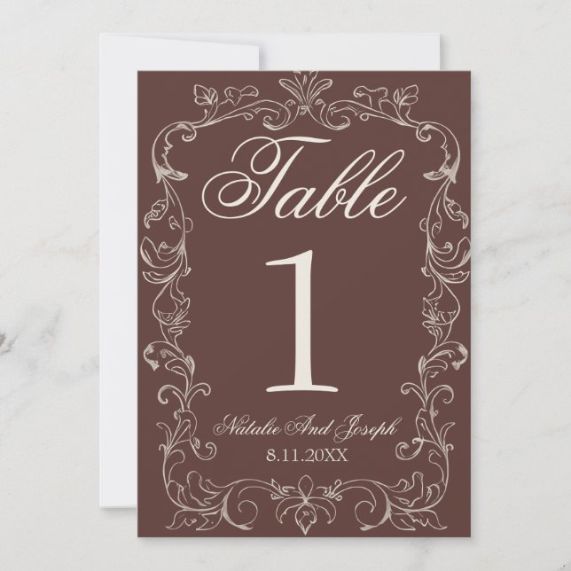 Invitation Marron Chocolat Ancien Argent Table Numéro de Mari (Devant)