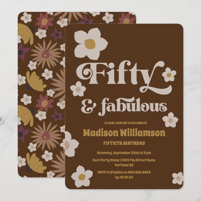 Invitation Marron Chocolat Rétro Boho 50 ans & Fabulux Annive (Devant / Derrière)