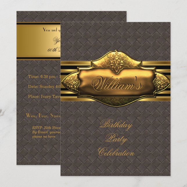Invitation Marron Cuir Or Fête d'anniversaire Hommes 60 ans (Devant / Derrière)