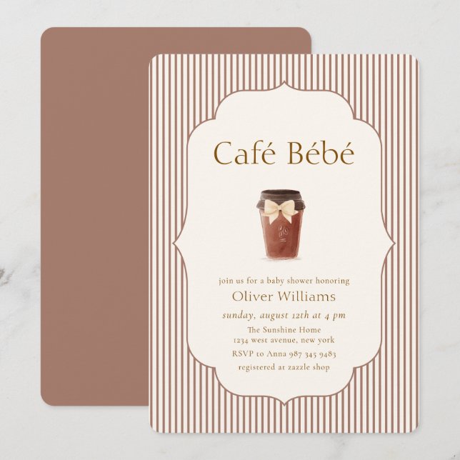 Invitation Marron Élégant Rayure Café Bébé Café Cadeau de nai (Devant / Derrière)