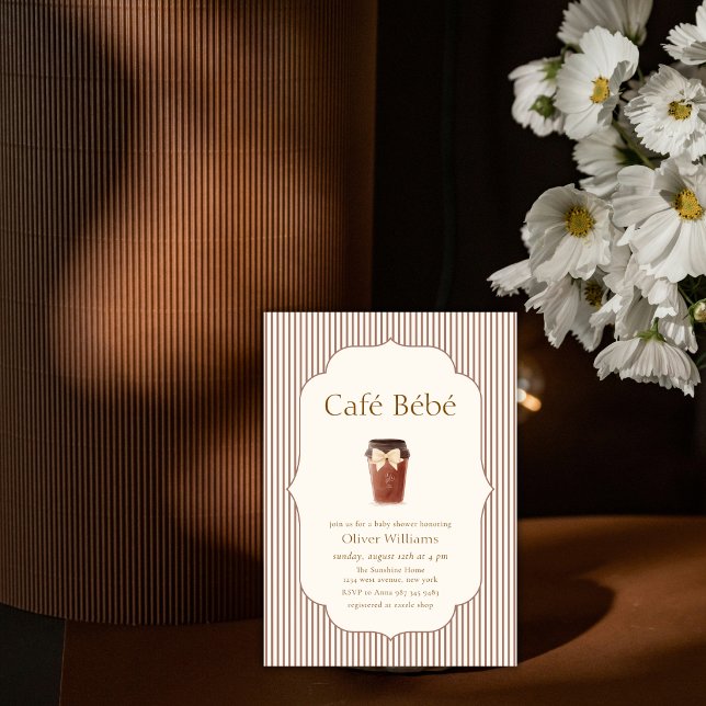 Invitation Marron Élégant Rayure Café Bébé Café Cadeau de nai (Brown Elegant Stripe Café Bébé Coffee Baby shower Invitation)