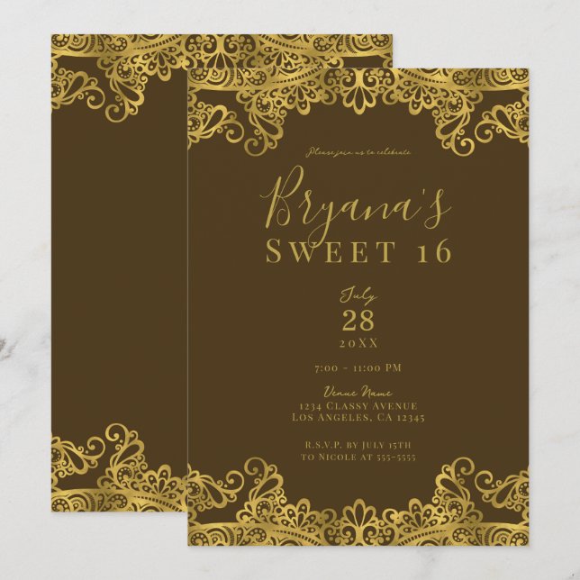 Invitation Marron et Or Dentelle Élégante Fête Douce 16 (Devant / Derrière)