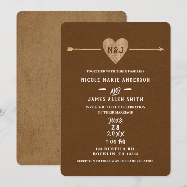 Invitation Marron Kraft Rustique Cœur Flèche Mariage Boisé (Devant / Derrière)
