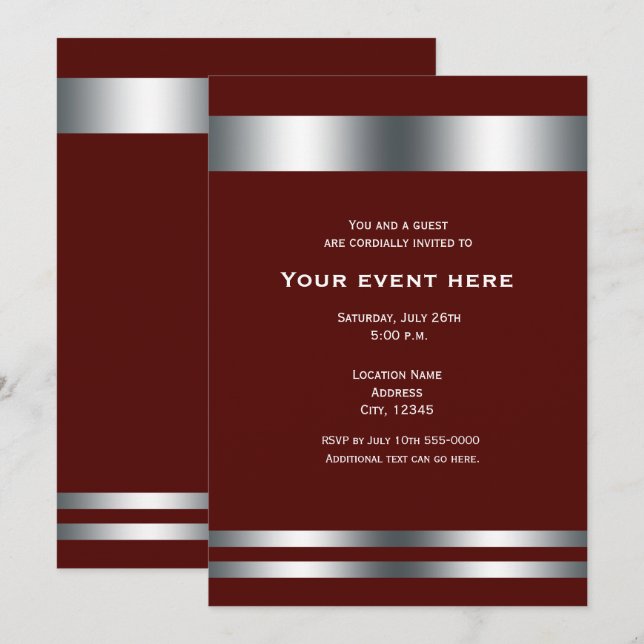 Invitation Marron Rouge Foncé Argent Élégant Soirée Dîner (Devant / Derrière)