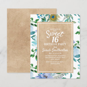 Invitation Marron Rustique Kraft Bleu Blanc Floral Sweet 16