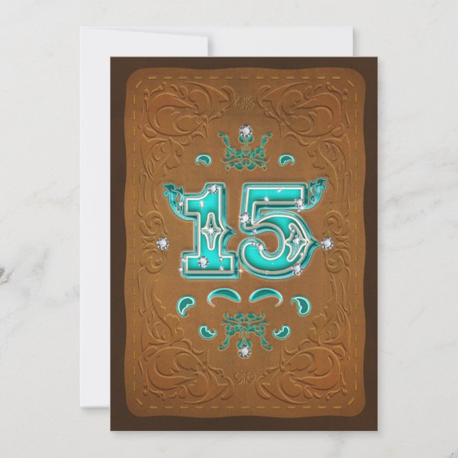 Invitation Marron rustique occidental et turquoise QUINZE 15  (Devant)