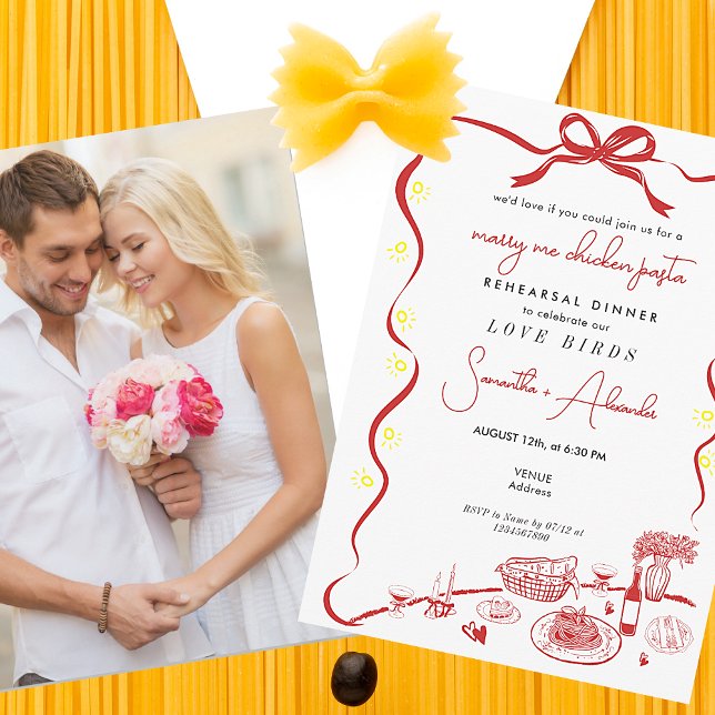 Invitation Marry Me Chicken Pasta R Dîner de répétition Maria (Marry Me Chicken Pasta Red Couple Engagement Italian Wedding Rehearsal Dinner Brunch Invitation )