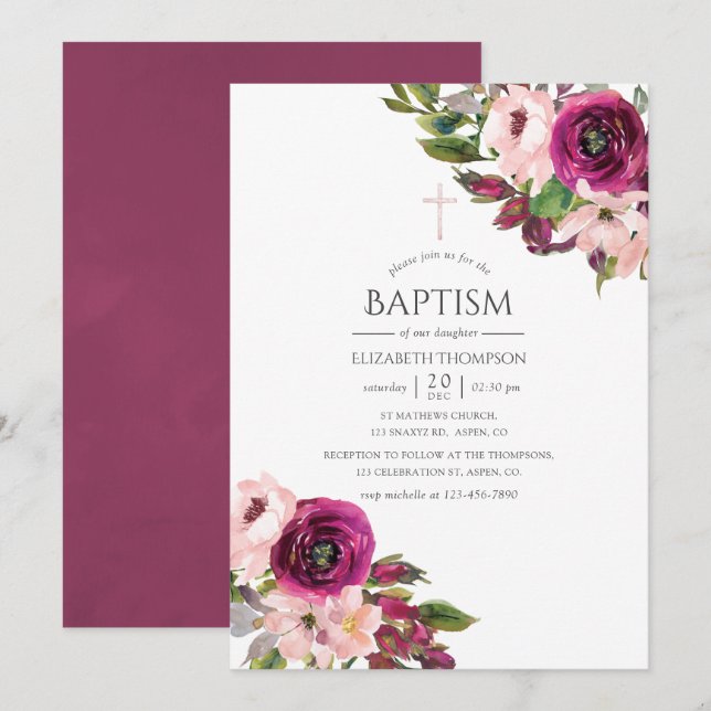 Invitation Marsala aquarelle et baptême floral rose (Devant / Derrière)
