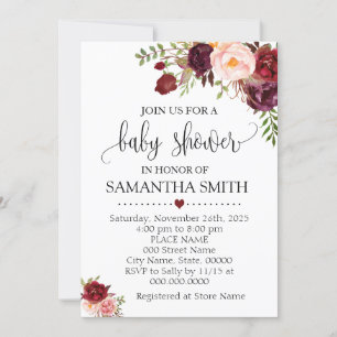 Invitation Marsala baby shower chic boho romantique à fleurs