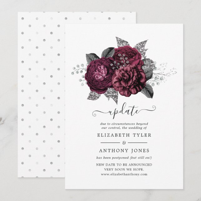 Invitation Marsala, Black and Silver Floral Mariage Update (Devant / Derrière)