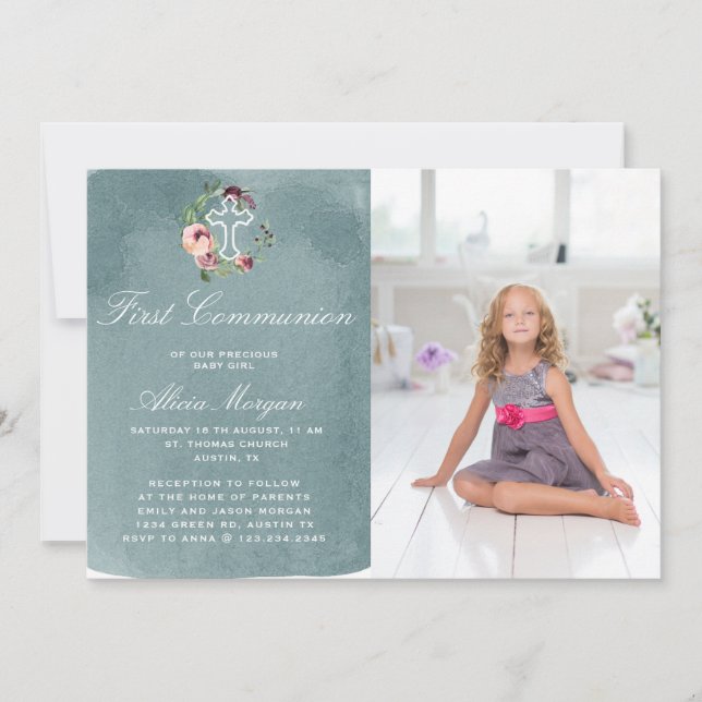 Invitation marsala bleu marine première communion florale (Devant)