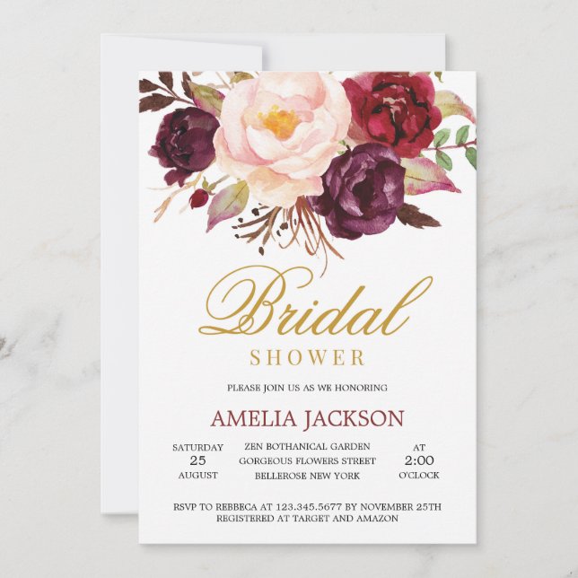 Invitation Marsala bleu rose floral bordeaux et or nuptiale (Devant)
