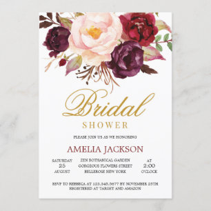 Invitation Marsala bleu rose floral bordeaux et or nuptiale
