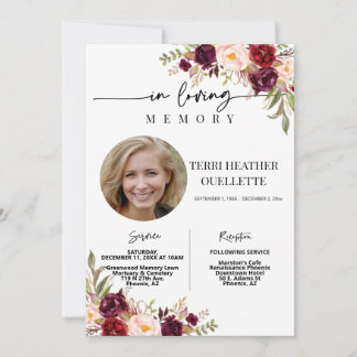 Invitation Marsala Blush Boho Photo funéraire Service commémo