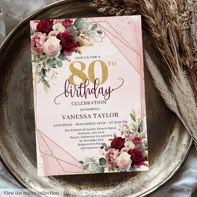 Invitation Marsala Blush Gold Flowers élégant 80e anniversair (Stylish Marsala Blush Gold Flowers 80th Birthday Invitation)