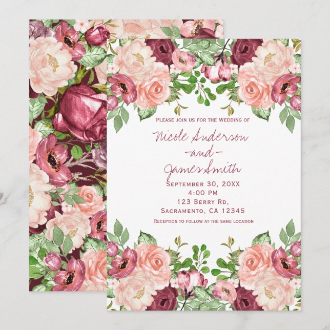 Invitation Marsala Bordeaux Brun Rustique Floral Mariage (Devant / Derrière)