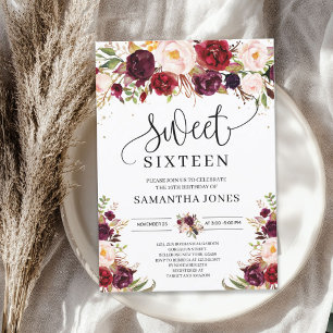 Invitation Marsala bordeaux sweet sixteen floral brun tendanc
