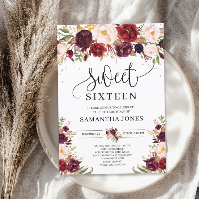 Invitation Marsala bordeaux sweet sixteen floral brun tendanc (Trendy marsala burgundy blush floral sweet sixteen invitation)