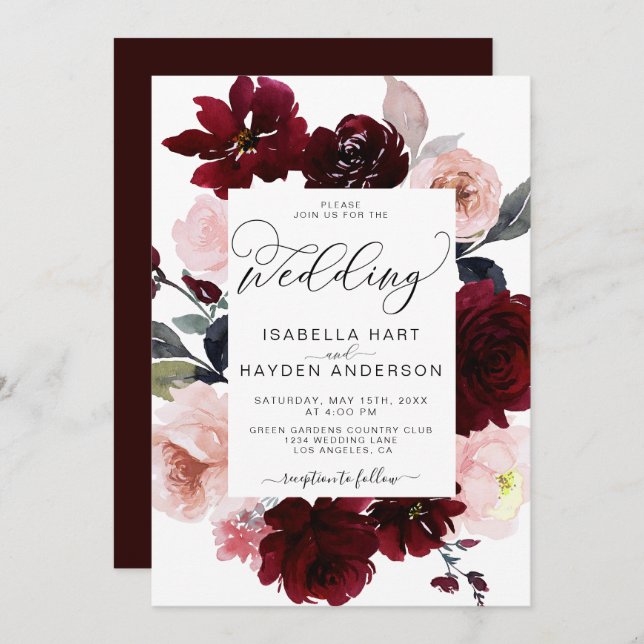 Invitation Marsala Bourgogne Blush Mariage floral rose roux (Devant / Derrière)