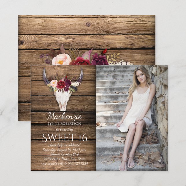 Invitation Marsala Bourgogne Fleurs Vache Crâne de vache Phot (Devant / Derrière)