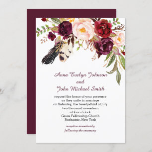Invitation Marsala Bourgogne Roses Blanches Plumes Boho Maria