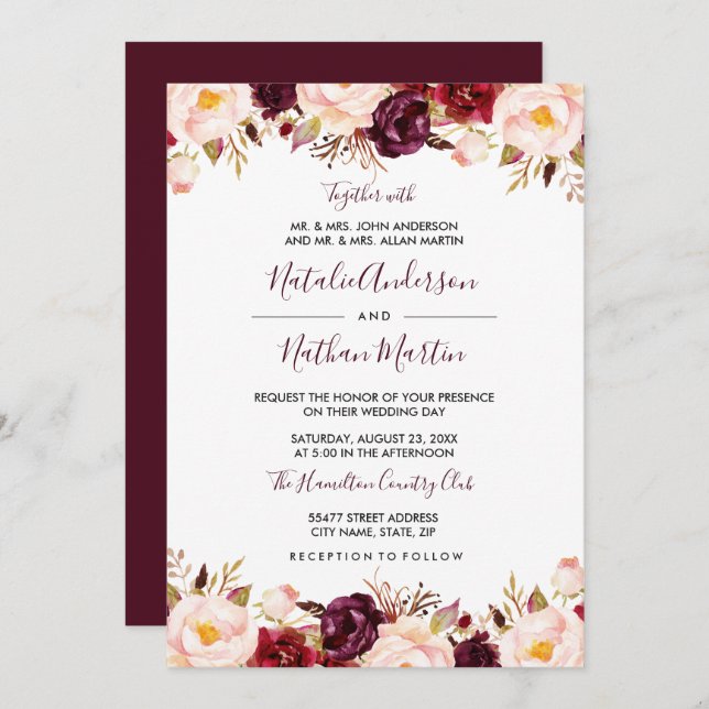 Invitation Marsala Bourgogne Rouge Aquarelle Mariage Floral (Devant / Derrière)