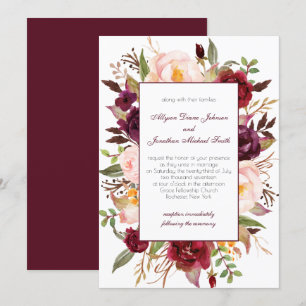 Invitation Marsala Bourgogne Rouge Blanc Roses Mariage Invita