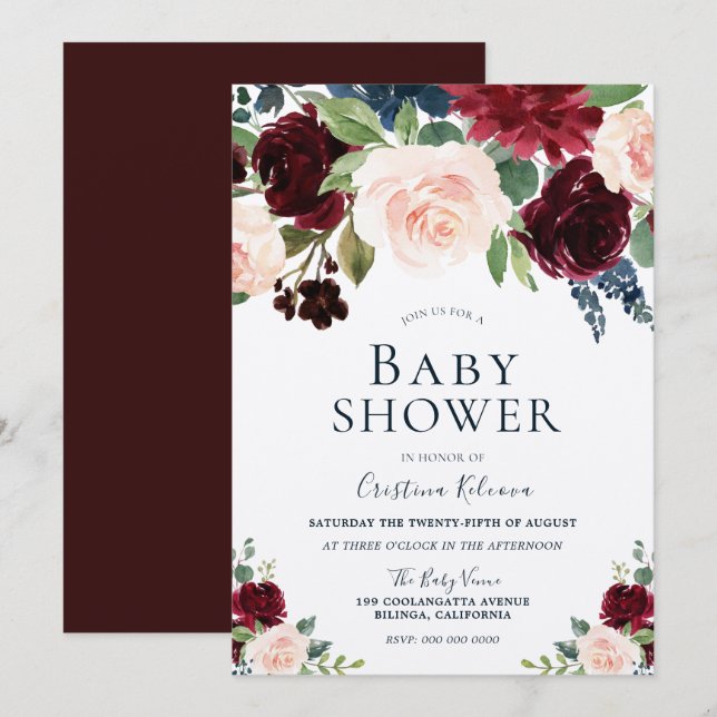 Invitation Marsala Bourgogne Rouge Blush Baby shower Floral (Devant / Derrière)