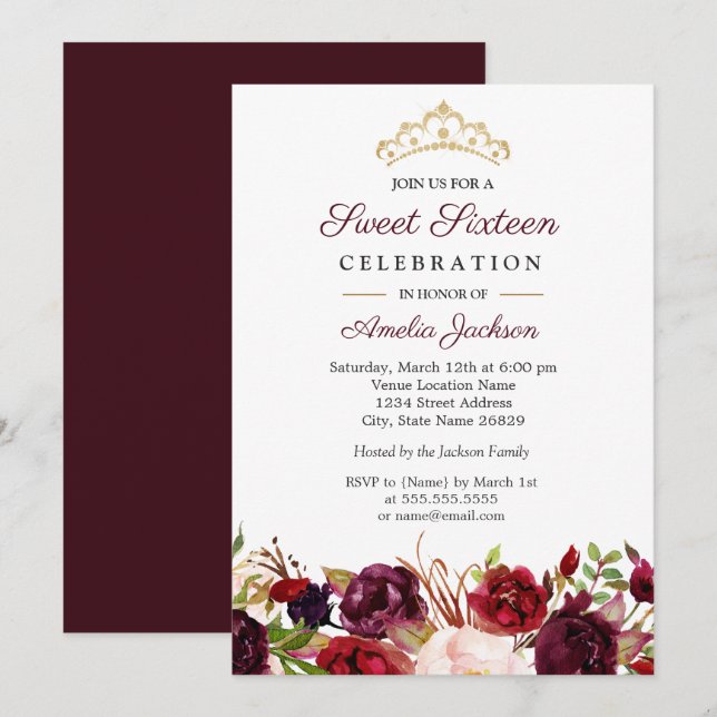 Invitation Marsala Bourgogne Rouge Floral Douce 16 (Devant / Derrière)