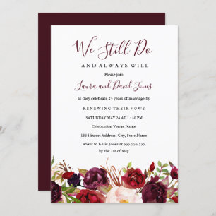 Invitation Marsala Bourgogne Rouge Floral Mariage Vow Renouve