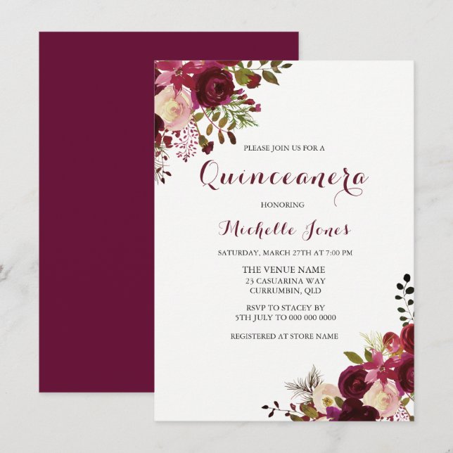 Invitation Marsala Bourgogne Rouge Floral Printemps Quinceane (Devant / Derrière)