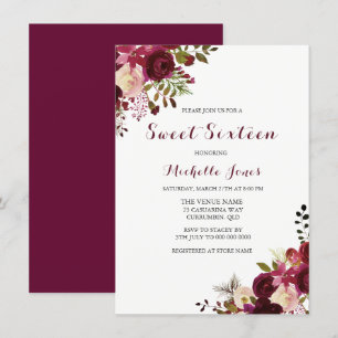 Invitation Marsala Bourgogne Rouge Floral Spring Sweet 16 Inv