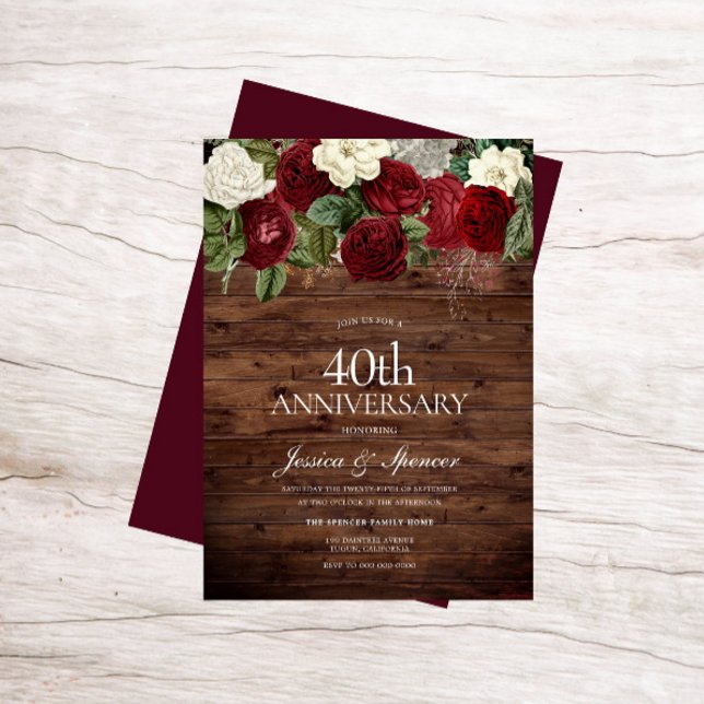 Invitation Marsala Bourgogne Rustique Rose Rouge 40ème Annive (Créateur téléchargé)