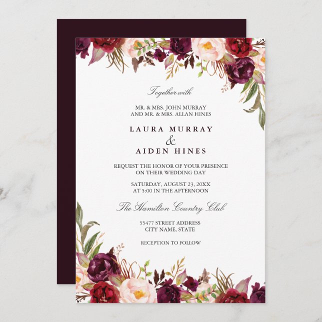 Invitation Marsala Burgundy Blush Aquarelle Mariage Floral (Devant / Derrière)