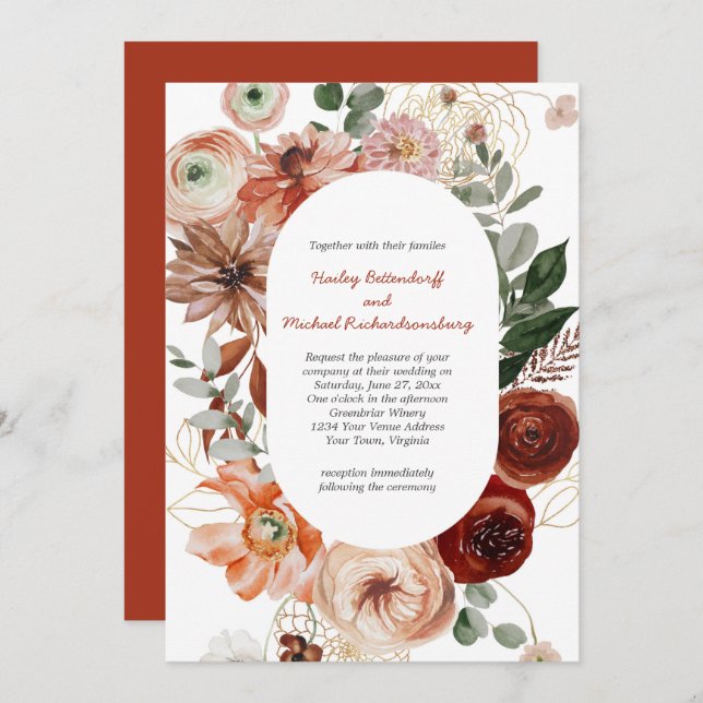 Invitation Marsala Burgundy Blush Fall Floral Mariage Invitat (Devant / Derrière)