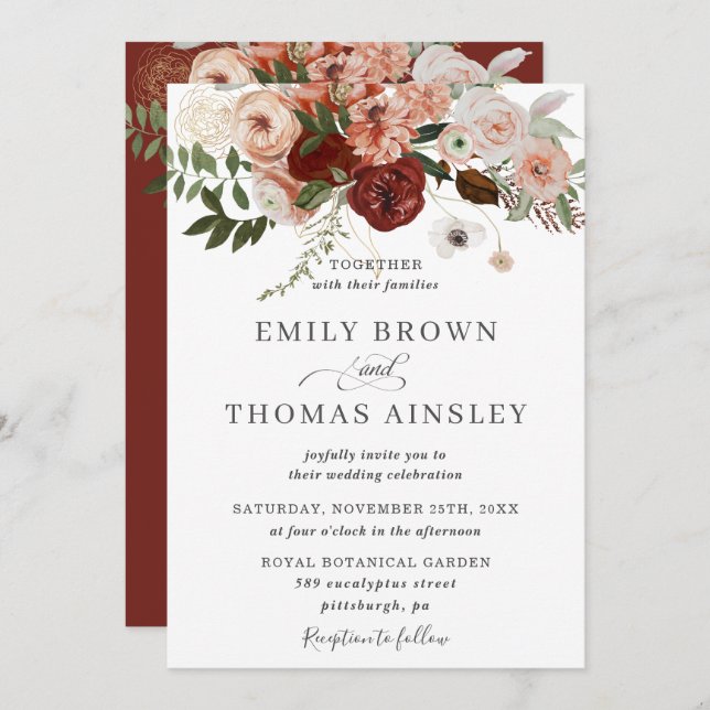 Invitation Marsala Burgundy Blush Orange Green Mariage (Devant / Derrière)