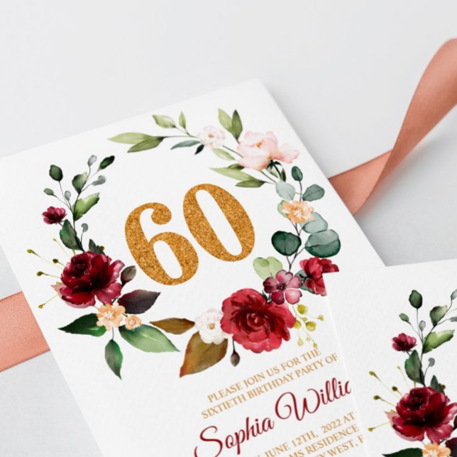 Invitation Marsala & Burgundy Wreath 60e anniversaire Invitat (Créateur téléchargé)