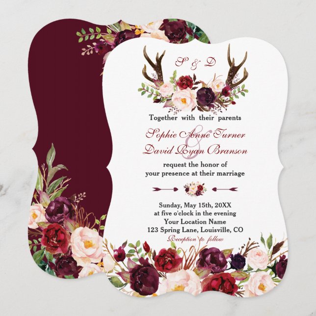 Invitation Marsala de Bourgogne Floral Antlers Monogram Maria (Devant / Derrière)