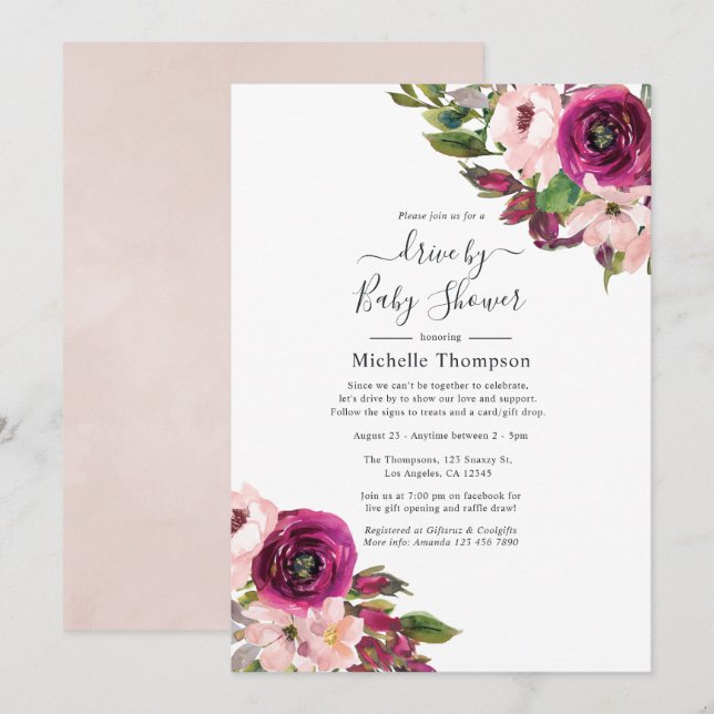 Invitation Marsala et Blush Floral Drive par douche (Devant / Derrière)