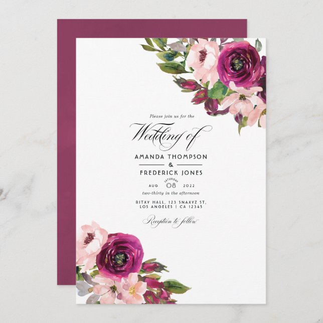 Invitation Marsala et Blush Floral Mariage Photo (Devant / Derrière)