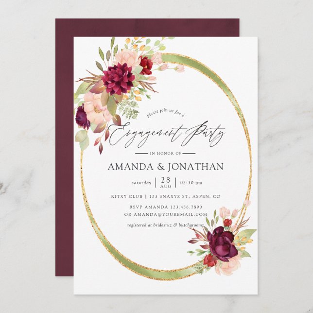 Invitation Marsala et Blush Geometry Engagement Party (Devant / Derrière)