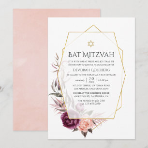 Invitation Marsala et Floral Rose Géométrique Bar Mitzvah