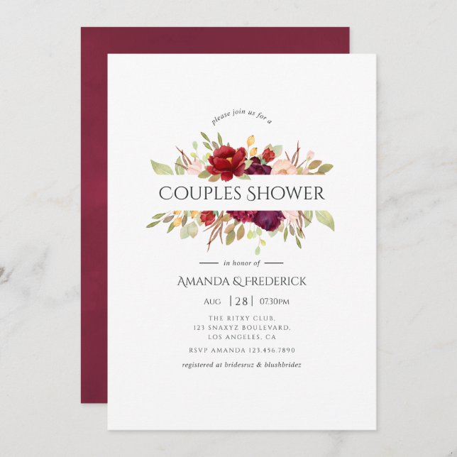 Invitation Marsala et floral rose mariage pour couples (Devant / Derrière)