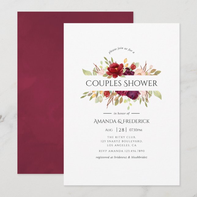 Invitation Marsala et floral rose pour couples (Devant / Derrière)