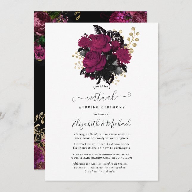 Invitation Marsala et Gold Floral Mariage virtuel (Devant / Derrière)