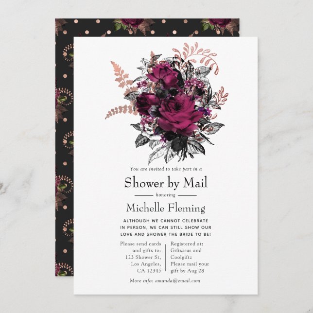 Invitation Marsala et Rose Gold Floral Douche par Mail (Devant / Derrière)