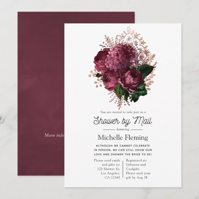Invitation Marsala et Rose Gold Floral Fête des mariées par M (Devant / Derrière)