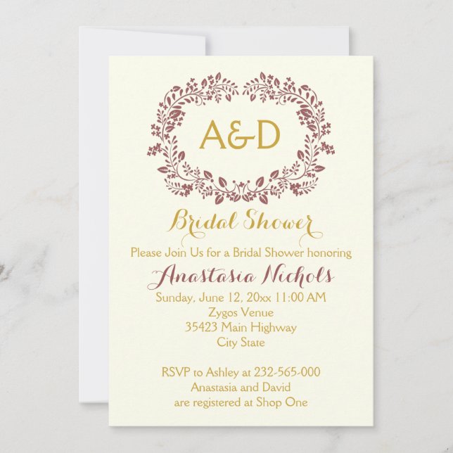 Invitation Marsala feuillage & initiales douche mariage nupti (Devant)