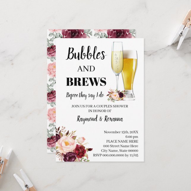 Invitation Marsala Fleurs Bubble & Brews Couples Douche (Devant/Arrière en situation)